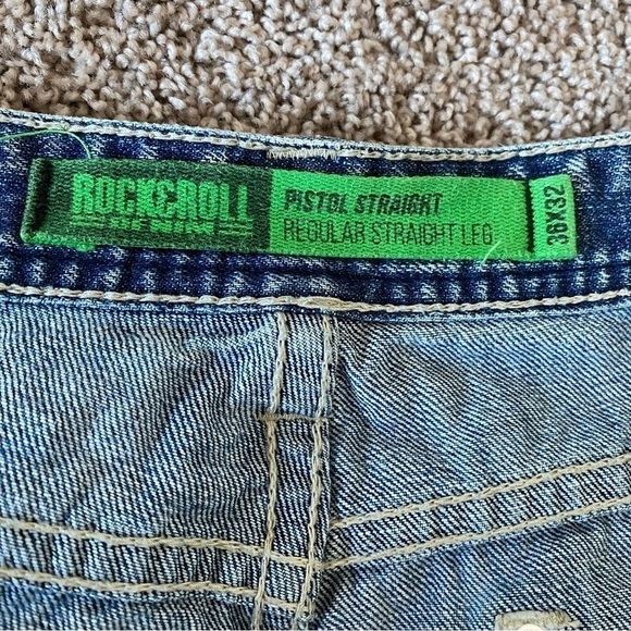 ROCK & Roll Cowboy Pistol Straight Leg Jeans 36x32 (Meas. 34W)Thick Stitching - Picture 5 of 8